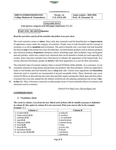 DEVOIR D'ANGLAIS NIVEAU 3ième 2026 COSMETICS by TEHUA