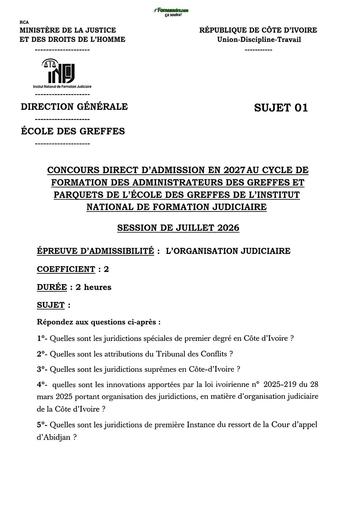 Concours Direct INFJ juillet 2026 Greffier organisation judiciaire sujet 1 by TEHUA