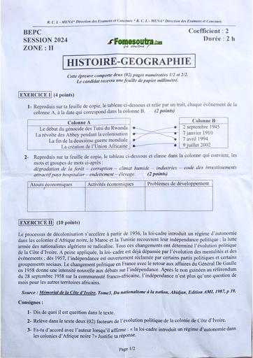 Bepc 2024 zone 2 Histoire géographie by Tehua