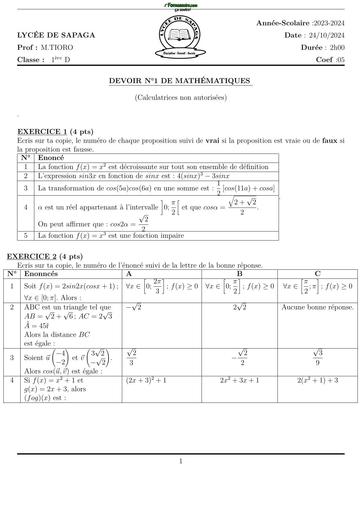 SUJET DE MATHS 1ière D TRIMESTRE 1 2024 LYCEE DE SAPAGA BY TEHUA