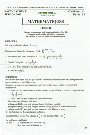 Sujet de Maths BAC B 2015