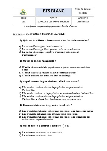 BTP GBAT EXAMEN BLANC 2024 TECHNOLOGIE DE LA CONSTRUCTION ISTM BY TEHUA