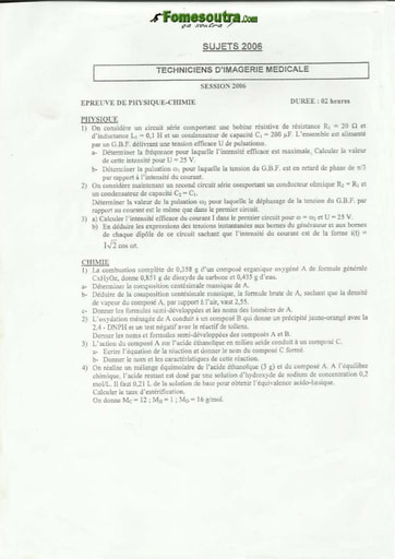 Sujet Physique-Chimie Technicien d'Imagérie Médicale INFAS 2006