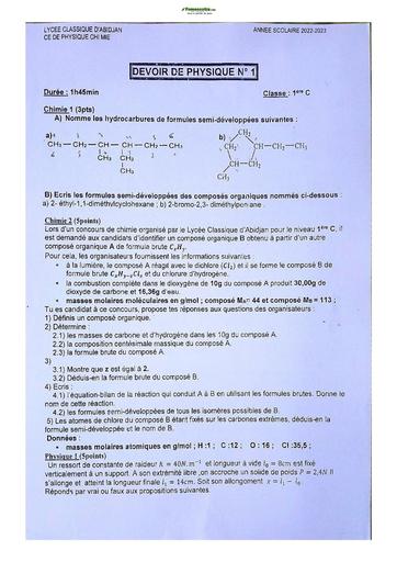 Sujet de Physique-Chimie Première C Lycée Classique Abidjan 2023