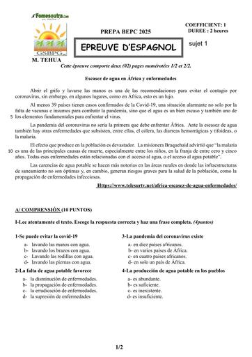 PREPA BEPC 2025 ESPAGNOL FICHE 1 BY TEHUA