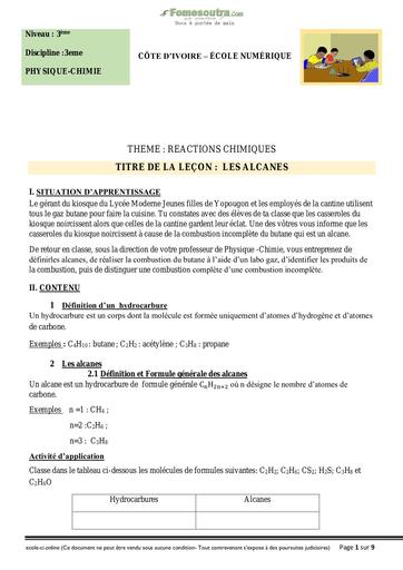 Les alcanes - Cours Chimie 3eme