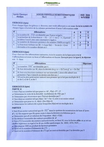 Sujets de Mathématique série C Lycée Classique d'Abidjan 2022-2023