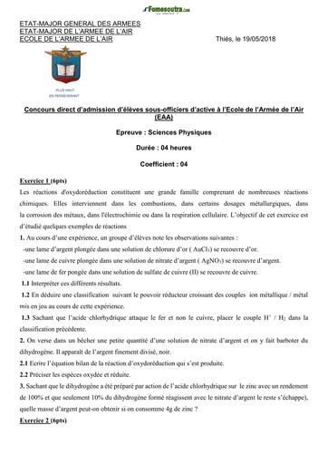 EPREUVE SCIENCES PHYSIQUES CONCOURS SOUS OFFICIERS EAA 2018 by TEHUA