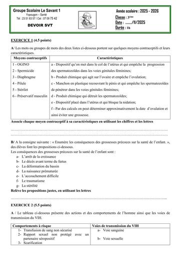 DEVOIR DE SVT 3ième N°2 GS LE SAVANT 1 2026 BY TEHUA