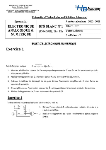 Sujet electronique numerique & analogique bts 2 IT ACADEMY
