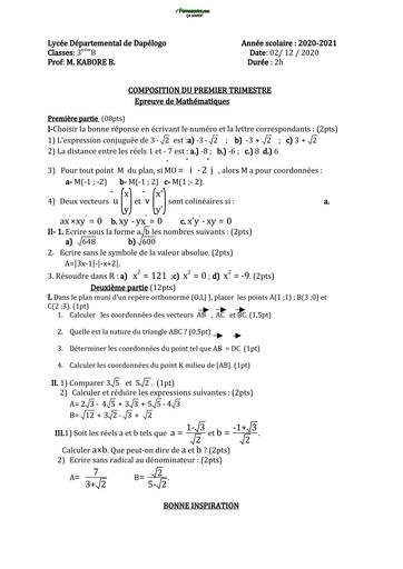 SUJET DE MATHS 3ième LYCEE DEPARTEMENTATAL DE DAPELOGO by TEHUA