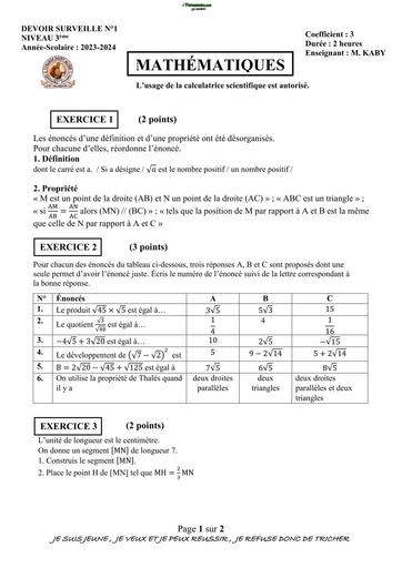 DEVOIR DE MATHS NIVEAU 3ième 2024 N°1 BY TEHUA