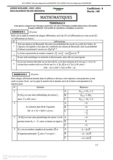 BAC blanc 2024 Maths serie D Drena Mankono sujet By TEHUA