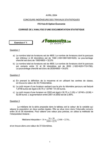 Corrigé Analyse d'une Documentation Statistique ITS B option Economie 2004 (ENSEA)