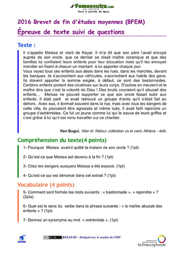 Sujet d'Etude de texte BEPC 2016 - Sénégal