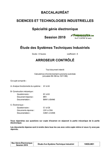 Présentation du sujet Arroseur contrôlé - Étude des Systèmes Techniques Industriels - BAC 2010