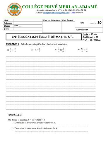 INTERROGATION ECRITE N°2 MATHS 4ième  MERLAN DECEMBRE 2025 (NOMBRES DECIMAUX RELATIFS  calculs et troncature) BY TEHUA
