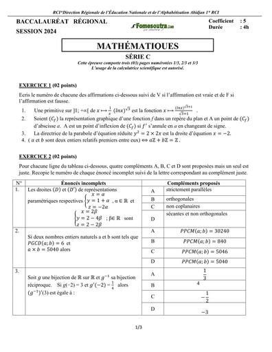 Bac blanc régional 2023 dren Abidjan 1 sujet Maths Tle C by Tehua