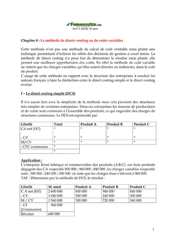 La méthode de direct- costing ou de coûts variables - Comptabilité analytique 2ème année