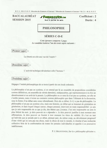 Sujet corrigé de Philosophie BAC C D et E 2015