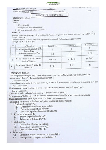 Sujet Terminale D Physique-Chimie Lycée Classique Abidjan 21-22