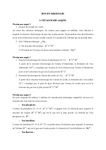 Corrigés Leçon 4 Ions et molécules