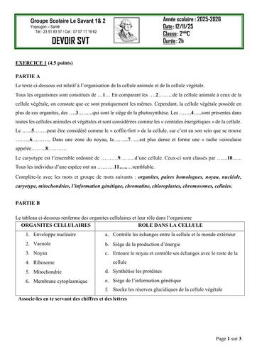 DEVOIR DE SVT 2nde C GS LE SAVANT 1 2026 BY TEHUA
