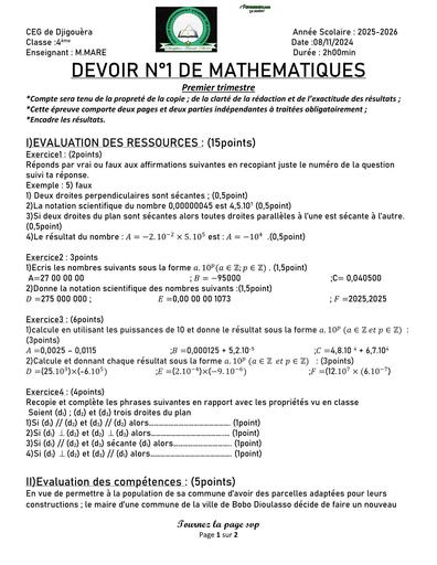 DEVOIR DE MATHS NIVEAU 4ième CEG N°1 2024 BY TEHUA