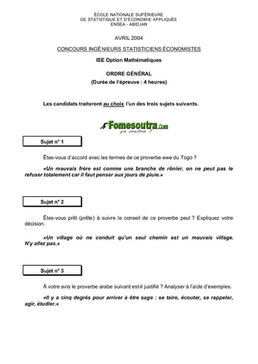 Sujet d'ordre générale ISE option maths 2004 (ENSEA)