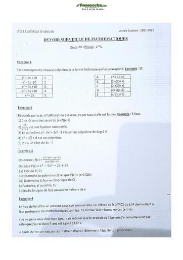 Sujet de Mathématique Niveau Seconde C Lycée Classique Abidjan