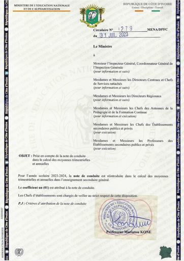Circulaire n°279 Prise en compte de note de conduite dans le calcul des moyennes trimestrielles et annuelles