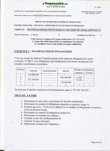 Sujet Mathématiques Financières et Recherche Opérationnelle BTS 2016 - Finances Comptabilité et Gestion d’Entreprises