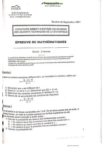 Compil de sujets concours direct ENSEA Division Adjoints Techniques de la Statistique de 2007- 2019