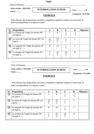 INTERROGATION ECRITE MATHS 3ième rectangle  by N°2 TEHUA