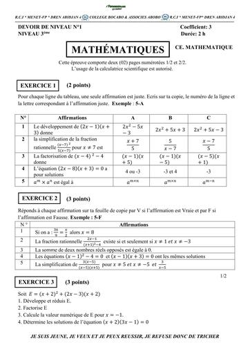 DEVOIR DE MATHS NIVEAU 3ième DRENA ABIDJAN 4 BOCABO BY TEHUA