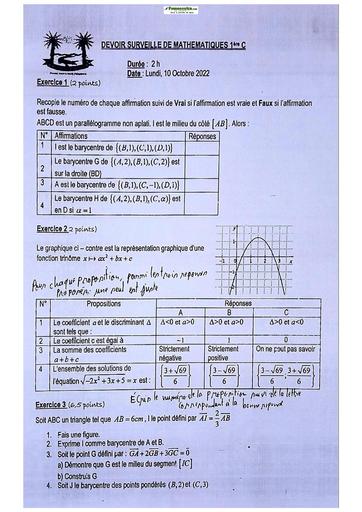 Sujets de mathématiques Première C Lycée Classique Abidjan  23