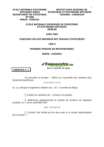 Sujet 1ère épreuve de maths ITS A 2002 (ENSEA - ENSAE - ISSEA)