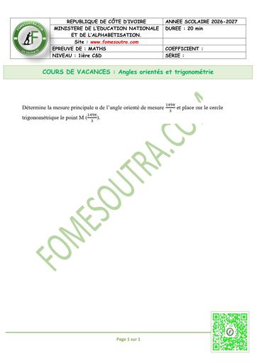FICHE 1 MATHS 1ière C&D Angles orientés et trigonométrie by TEHUA