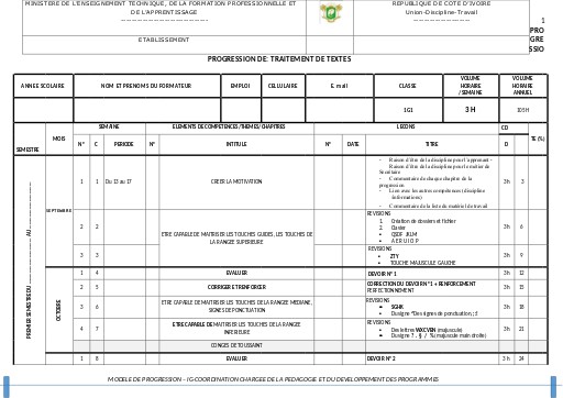 PROGRESSION DE TRAITEMENT DE TEXTES 1ière G1