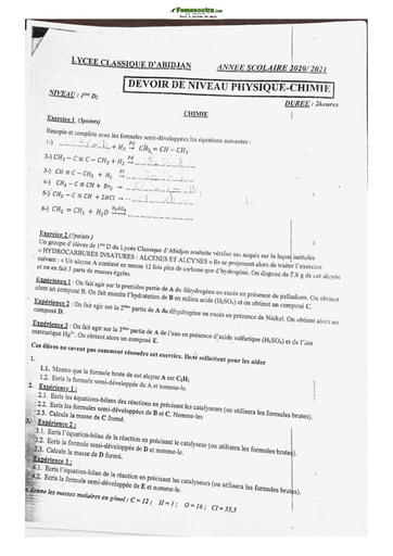 Sujet de Physique Chimie Première D Lycée Classique Abidjan 20-21