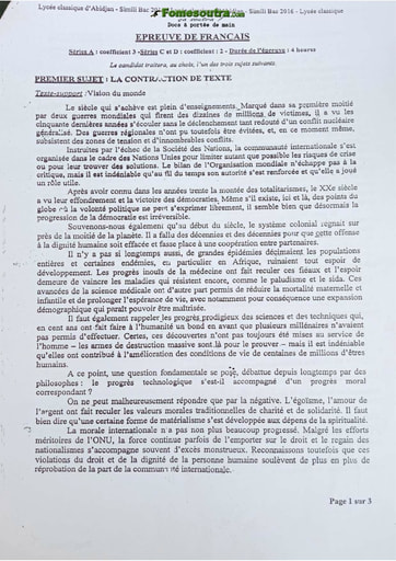 Sujet de Contraction de texte BAC blanc 2016 série C-D Lycée Classique d'Abidjan