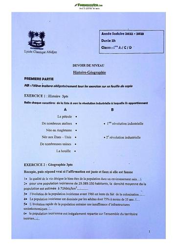 Devoir Histoire-Géographie Niveau Première Lycée Classique Abidjan 2022-2023