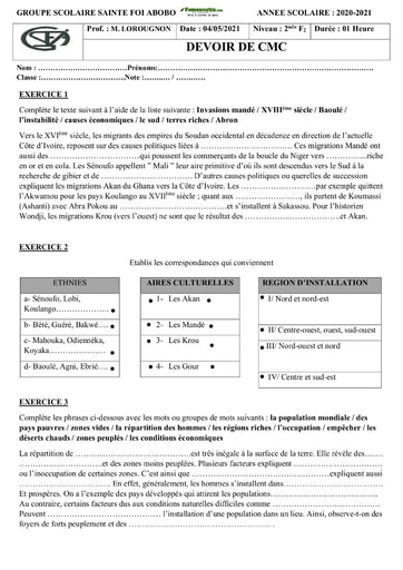 Devoir de CMC niveau 2nde F2 Groupe Scolaire Sainte Foi