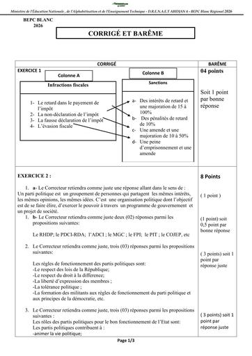 BEPC BLANC 2026 DRENA ABIDJAN 4 SUJET EDHC (BAREME) by TEHUA
