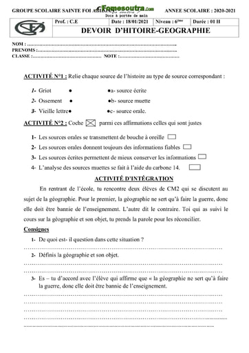 Devoir (2) d'Histoire et Géographie niveau 6eme - Groupe Scolaire Sainte Foi Abidjan