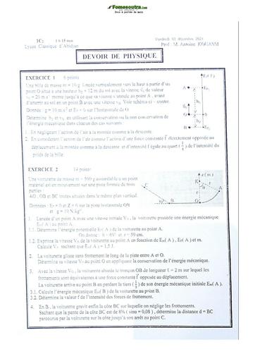 Sujet de Physique-Chimie Première C Lycée Classique Abidjan 21-22