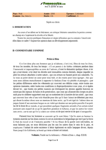 Sujet de Littérature BAC série LL 2016 - Mali