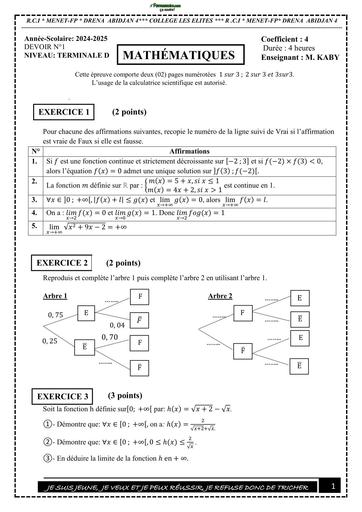 DEVOIR DE MATHS  NIVEAU Tle D C le ELITES 2025 N°1 BY TEHUA