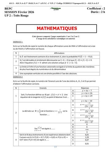 BEPC BLANC 2026 DRENA ABIDJAN 3 UP2 YOPOUGON TOIT ROUGE SUJET MATHS (SUJET) by TEHUA
