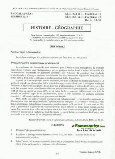 Sujet d'Histoire et Geographie des BAC A B C et D 2014